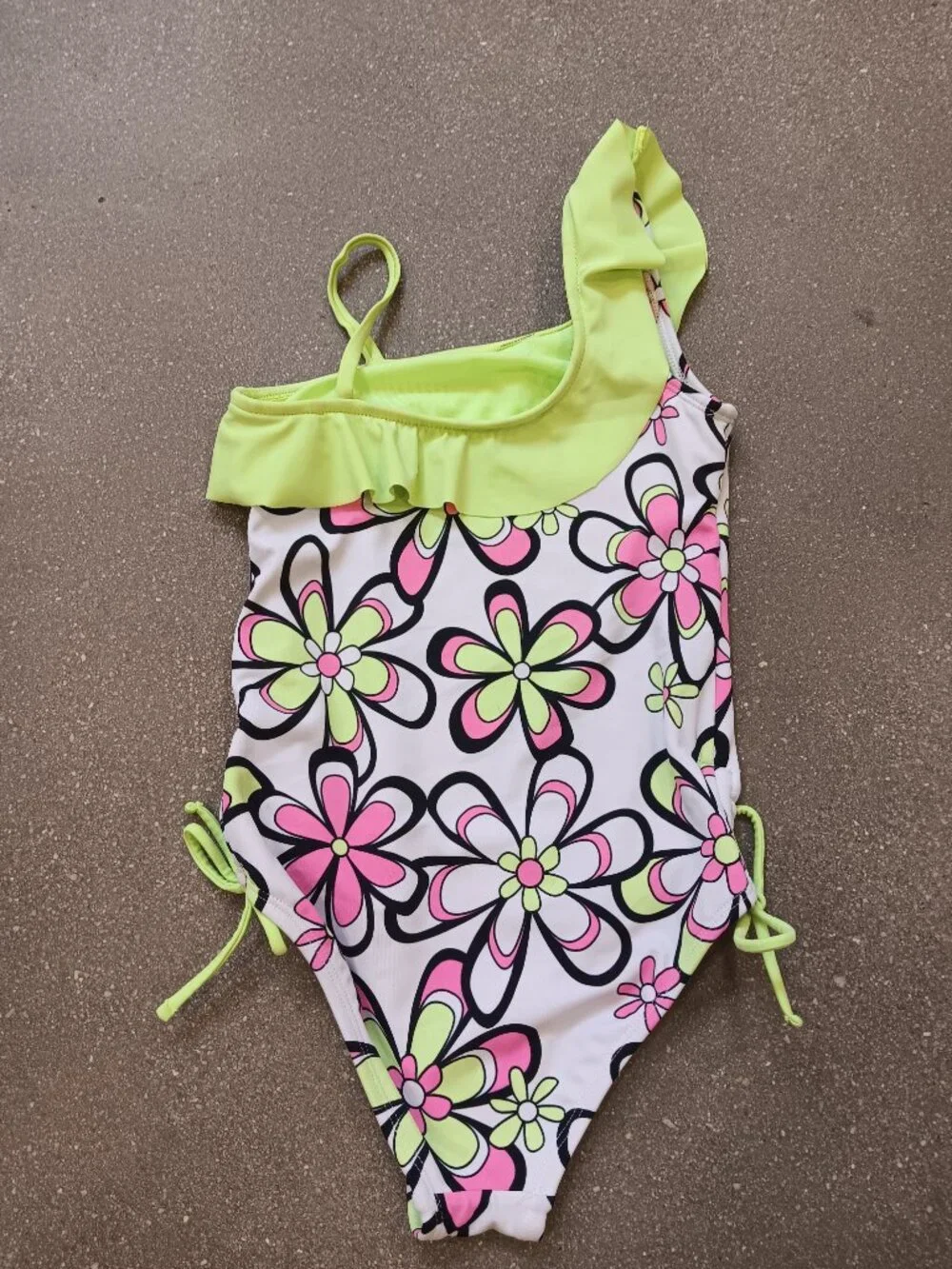 Justice Swim Girls Size 7 One-Piece Bathing Suit Floral Neon Green Pink Ruffle